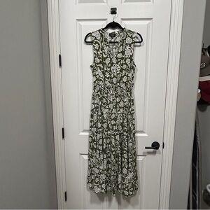 MSK green floral Maxi Dress, 4 tier ruffles, sleeveless, shirred waist